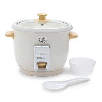 【中古】GreenLife 6-Cup Rice Cooker Steamer, PFAS Free Ceramic Removable Nonstick Pot, Auto Presets, Wood Print Handle, Keep Warm Function, One