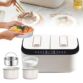 【中古】【未使用】ミニ炊飯器、800Wポータブルトラベルスチーマー、15分の高速調理、2x2.5Lインテリジェントタッチスクリーンダブルスペル蒸し炊飯器、取り外し可