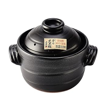 【中古】日本のテラコッタダブルリッドライス炊飯器、丸いドナベホットポットセラミックキャセロールライス炊飯器スープポット、黒,22.5x14.5cm