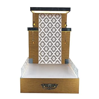 【中古】デザイナー木製マンディール ホーム/テンプルホーム/プージャマンディール ライト付きカラー:ゴールドmandir002 (高さ×幅×長さ24×16×10)