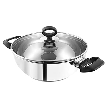 【中古】【未使用】Aakrati ステンレススチール インダクションベース デラックス Kadai 中華鍋 フライパン - 直径: 30cm | 容量: 5.5L ステンレススチール蓋付き