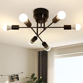 【中古】【未使用】DINGLILED シーリングライト6灯 オシャレ LED 現代スプートニク ペンダントライト マットブラックリビング天井器具照明 角度調整可能 LED電球対