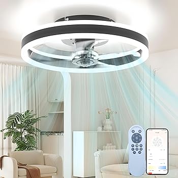 【中古】【未使用】シーリング LED天井ファンライト 静音ファン付き照明 リモコン付き調節可能な風速 ナイトライト 照明器具 扇風機 リビングルーム 吊り下げ (黒,