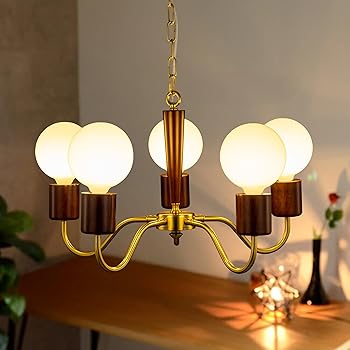 【中古】【未使用】Chende ペンダントライト シャンデリア レトロ 木 真鍮 LED対応 5灯 北欧 インテリア シーリングライト 天井照明 照明器具 おしゃれ クラシック｜AJIMURA-SHOP