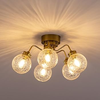 【中古】Chende シーリングライト 5灯 ガラス ひび割れ クラック 北欧 おしゃれ LED 真鍮 インテリア 天井照明 クラシック レトロ 寝室 リビング カフェ｜AJIMURA-SHOP