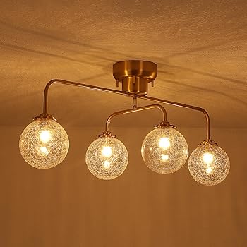 【中古】【未使用】シャンデリア シーリングライト 4灯LED E17口金 クラックガラス球, 天井照明, アンティーク調, 3000K電球色, 600lm, 角度調節可能