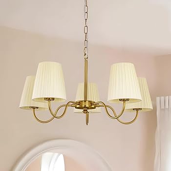【中古】Chende ペンダントライト 北欧 布 シェード 天井照明 シャンデリア 5灯 LED対応 真鍮 インテリア おしゃれ クラシック アンティーク 寝室 リビン
