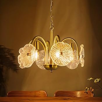【中古】Chende ペンダントライト 蓮の葉 ガラス 北欧 天井照明 シャンデリア 6灯 LED対応 おしゃれ 和風 花系 ハスの葉 クリア 真鍮 インテリア 昭和レ|AJIMURA-SHOP