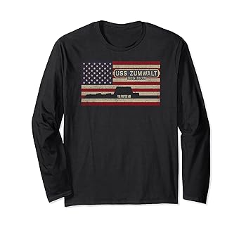 【中古】【未使用】USSズムウォルトDDG-1000誘導ミサイル駆逐艦USA旗のモットー 長袖Tシャツ