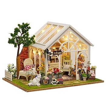 【中古】(moin moin) ドールハウス ミニチュア 手作りキット セット 青いリボンの看板猫がお出迎え！ 天窓で光があふれる花屋さん LEDライト + アクリル｜AJIMURA-SHOP