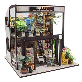 【中古】【未使用】moin moin ドールハウス ミニチュア 手作りキット セット 植物たくさんのコーヒー屋さん | 喫茶店 カフェ 珈琲 二階建て モダン | 中型 | LEDラ