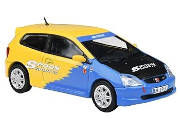 【中古】【未使用】2001 Civic Type R EP3 Blue and Yellow with Black Hood Spoon Sports 1/64 Diecast Model Car by Paragon Models PA-55348