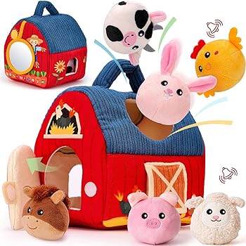 【中古】【未使用】hahaland モンテッソーリ 知育玩具 6-12月 赤ちゃん おもちゃ する ぬいぐるみの農場の動物、ガラガラ、クリンクルペーパー、鏡付きのサプライズ