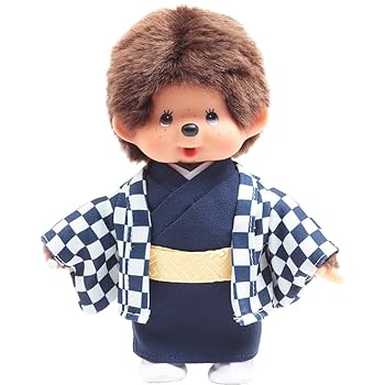 【中古】久月official オリジナル お着物姿モンチッチ 男の子 市松模様 青 IPM-14-Z