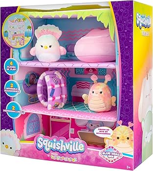 【中古】【未使用】Squishville by Original Squishmallow Blue Seas Inn - 2インチのスクイッシュマロ2つ、スーツケース、ラウンジャー、大きなプレイシーン付き -