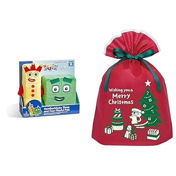 【中古】【未当て嵌める】Numberblocks ナンバーブロックス 文字記号 ぬいぐるみ 茶飲み友だち Three \u0026 Four 94555 置き目品 +インディゴ クリスマスラッピングLL サンタ\u0026ドッ