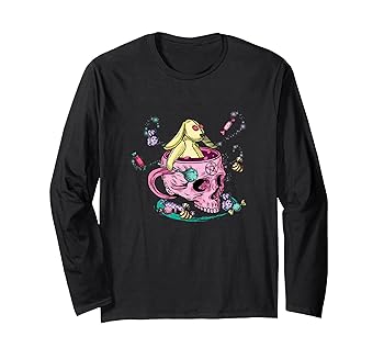 【中古】ピンクの頭蓋骨とウサギのぬいぐるみアート。 長袖Tシャツ