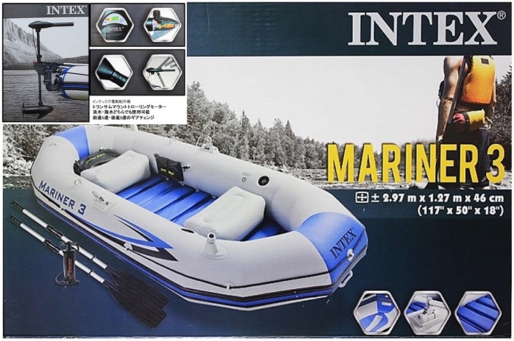 楽天市場 送料無料 ｉｎｔｅｘ ｍａｒｉｎｅｒ ３ ゴムボート 3人乗り 電動船外機とセット トランサムマウントトローリングモーターセット オール ポンプ付き 本格派大型ボート フィッシング アウトドア 釣り 海 川 湖 モーターボート ハンドエレキモーター ａｊマート