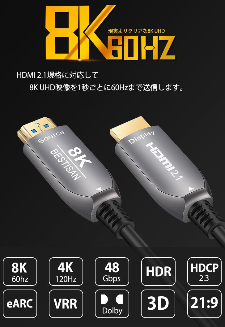 クリスマス特集2022 ダイナミックHDR 2.1ケーブルは 4K@120 8K@120 光ファイバHDMI 10