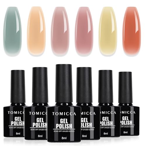 TOMICCA 컬러 젤 네일 아트, 6가지 색상, 8ml, 쉬어, UV LED 호환, 썸머 폴리쉬 타입 젤 네일 세트, 초보자 및 전문가용