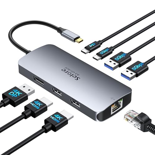 マルチモニター 3画面拡張 2つHDMI DP LAN Selore 8in1ドッキングステーション hdmi 2つ 4K対応 3画面出力 モバイルタイプ 100W 急速充電 Displayport LAN 2 USB-A/USB-C 3.0ポート