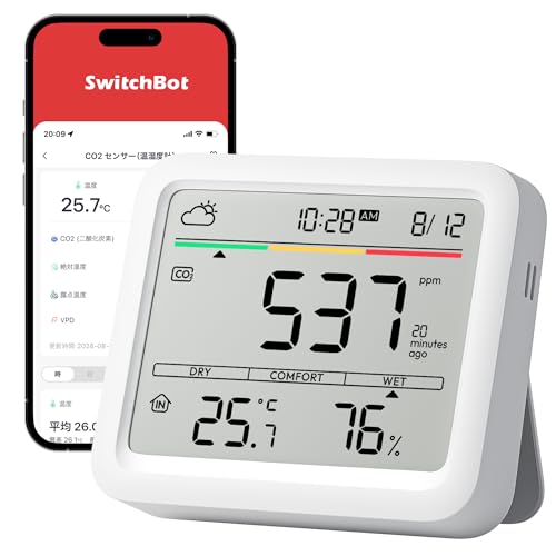 SwitchBot CO2センサー 二酸化炭素濃度計 温湿度計 アラーム - スイッチボット デジタル 大画面 高精度 CO2測定器 快適指数 天気予報 時計 卓上 カレンダー スマホ連動 アラート通知 グラフ記録 スマートホーム Alexa Goog