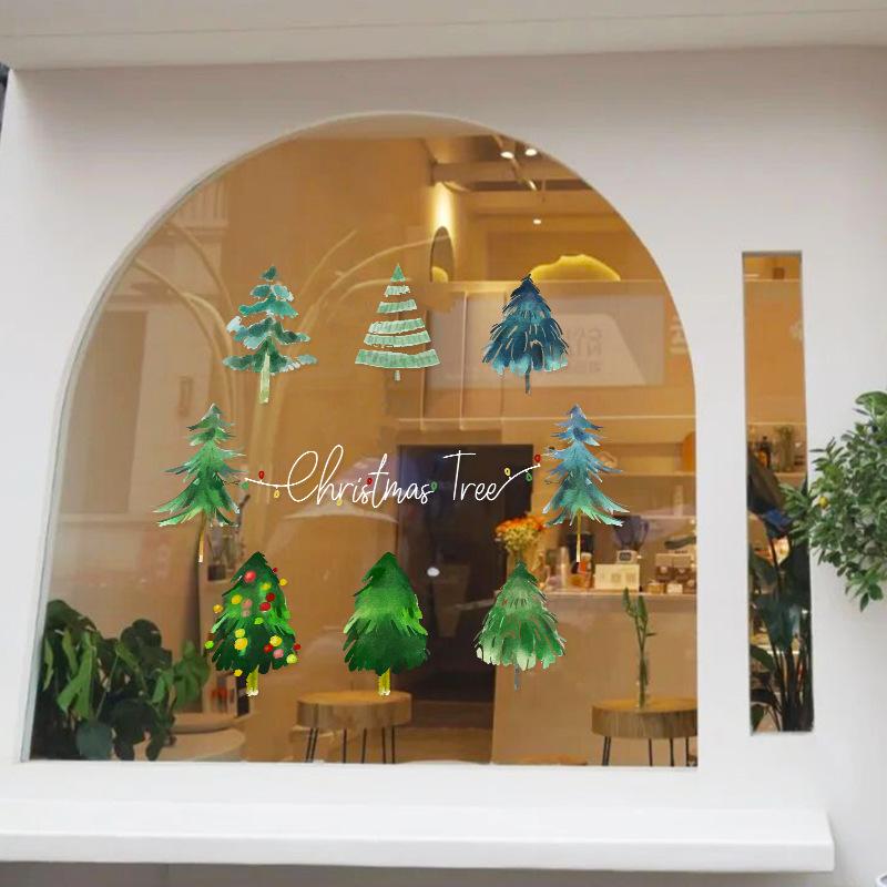 ウォールステッカー クリスマスツリー 静電気式 透明 カラフル 店舗 ショップ カフェ レストラン 服飾店 ガラス扉 ショーウィンドウ 窓 装飾 飾り付け デコレーション ホリデー 簡単 貼るだけ