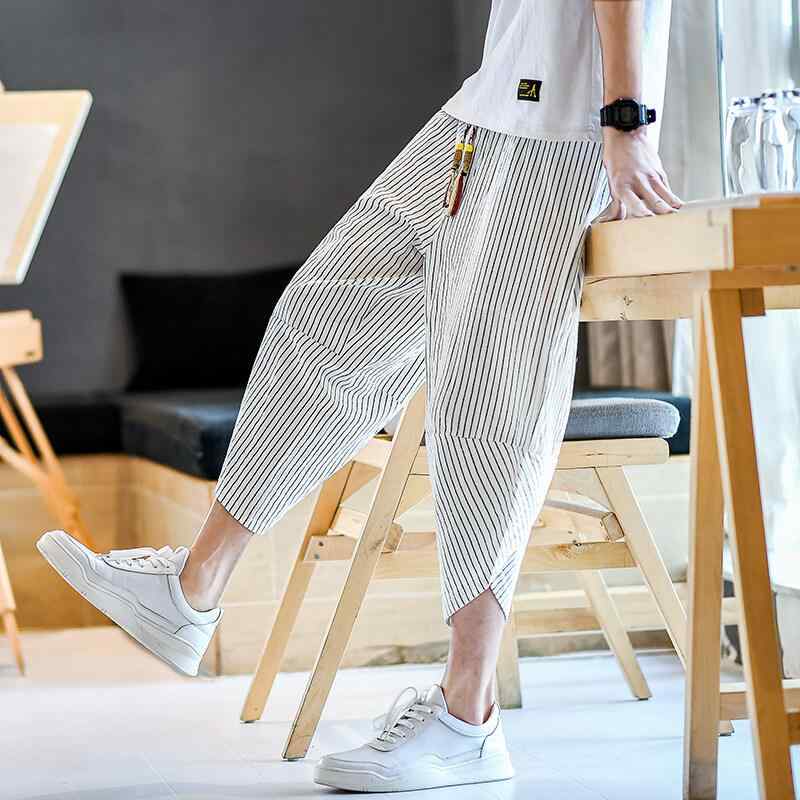 パンツ メンズ 男性用 春夏 ストライプ柄 中華風 7分丈 クロップドパンツ サルエル テーパード 綿混 薄手 ゆったり 大きいサイズ カジュアル ボトムス 白 灰 黒 紺