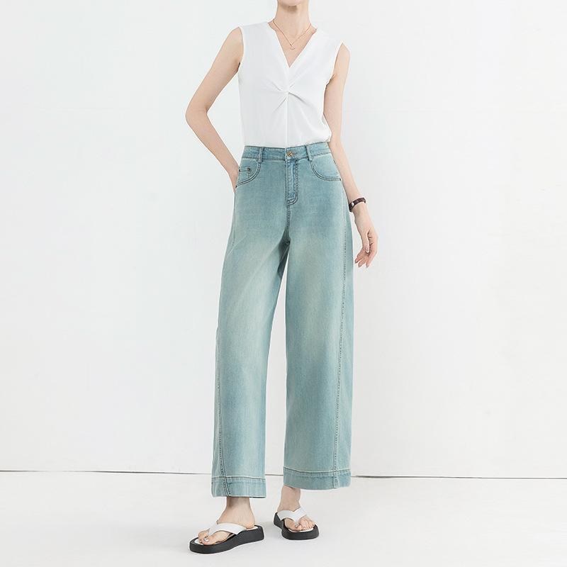デニムパンツ レディース ハイウエスト ワイド カーブパンツ アンクル丈 体型カバー 着痩せ効果 薄手 春夏 カジュアル おしゃれ ライトブルー 普段使い