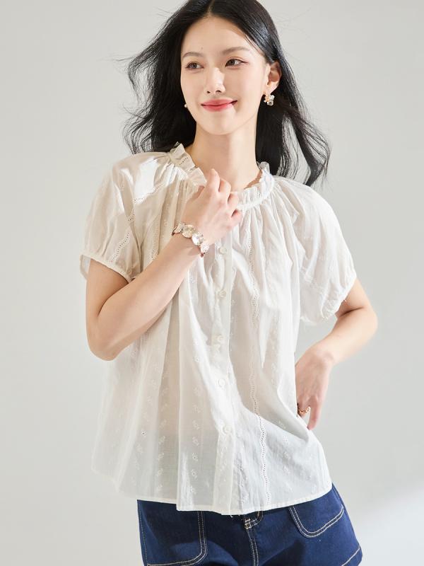 ブラウス レディース 夏 コットン 綿 フレンチスタイル 刺繍 半袖 フリル襟 プルオーバー ゆったり 体型カバー 着回し 普段使い きれいめ フェミニン ホワイト アイボリー