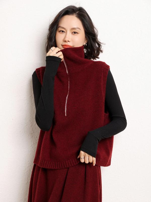 ベスト レディース ハイネック 100% カシミヤ カシミア 秋冬 4本撚り 肉厚 ハーフジップ ノースリーブ ニットジレ 上品 エレガント 通勤 オフィス カジュアル 重ね着 あったか|あじゅり