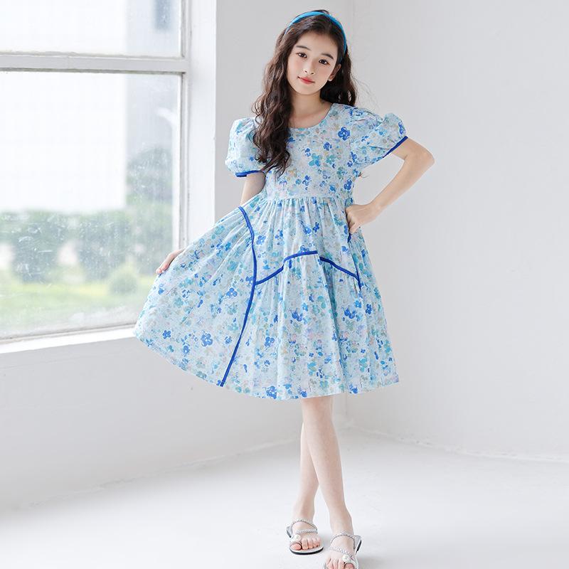 ワンピース 親子コーデ ガールズ 韓国 スモッキング プリンセス 花柄 かわいい 半袖 夏 ビーチ リゾート お出かけ 旅行 ブルー ポリエステル 伸縮性