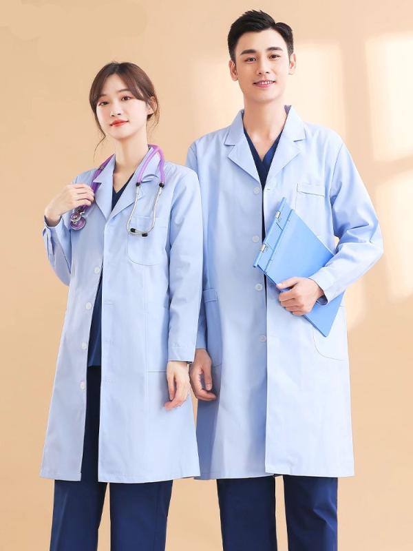 白衣 レディース ドクターコート 長袖 青色 ブルー 薄手 夏用 医療用ユニフォーム 制服 医師 看護師 ナース 病院 薬局 ワークウェア 綿混 ポリエステル 吸湿速乾 ロング丈