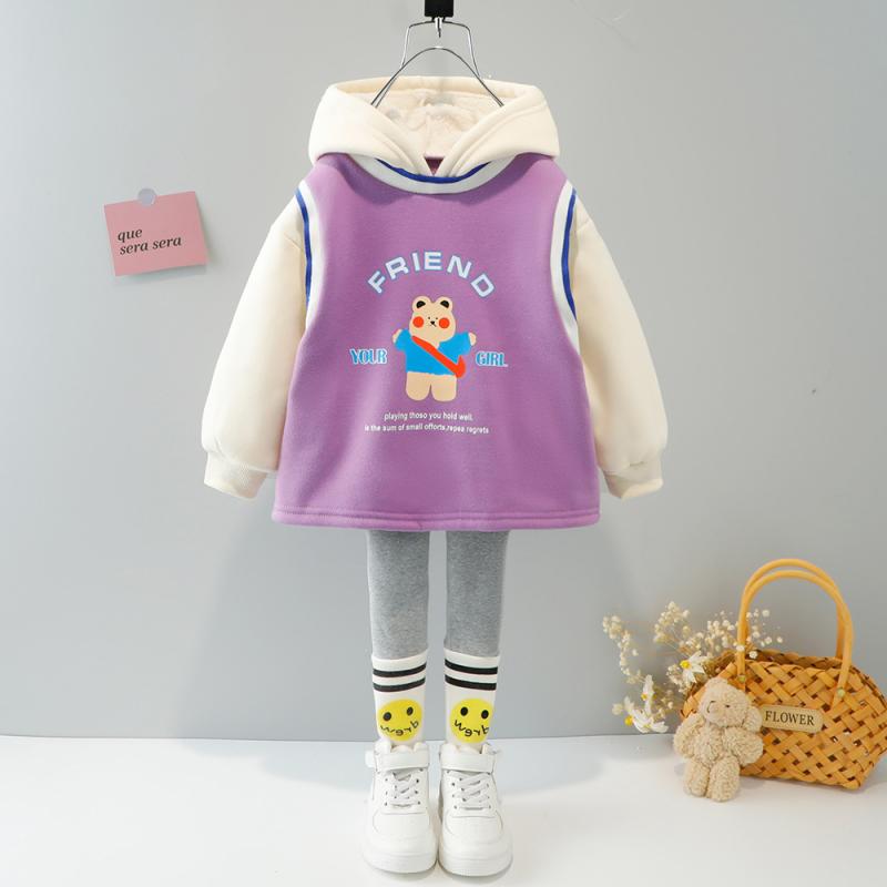 キッズ 女の子 幼児服 秋冬 綿 コットン 厚手 裏起毛 切り替え パーカー スウェット 長袖 ロングパンツ 上下2点セット 韓国風 カジュアル 普段着 通園着 かわいい キャラクター柄 防寒着