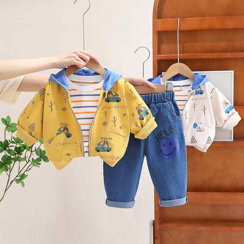 セットアップ 男の子 ベビー 子供服 秋物 春秋物 韓国風 おしゃれ 3点セット ジップアップ パーカー ジャケット 長袖 パンツ 綿 コットン 柔らかい フード付き キャラクター ストライプ 普段着 お出かけ 通園 1歳 2歳 3歳 幼児向け