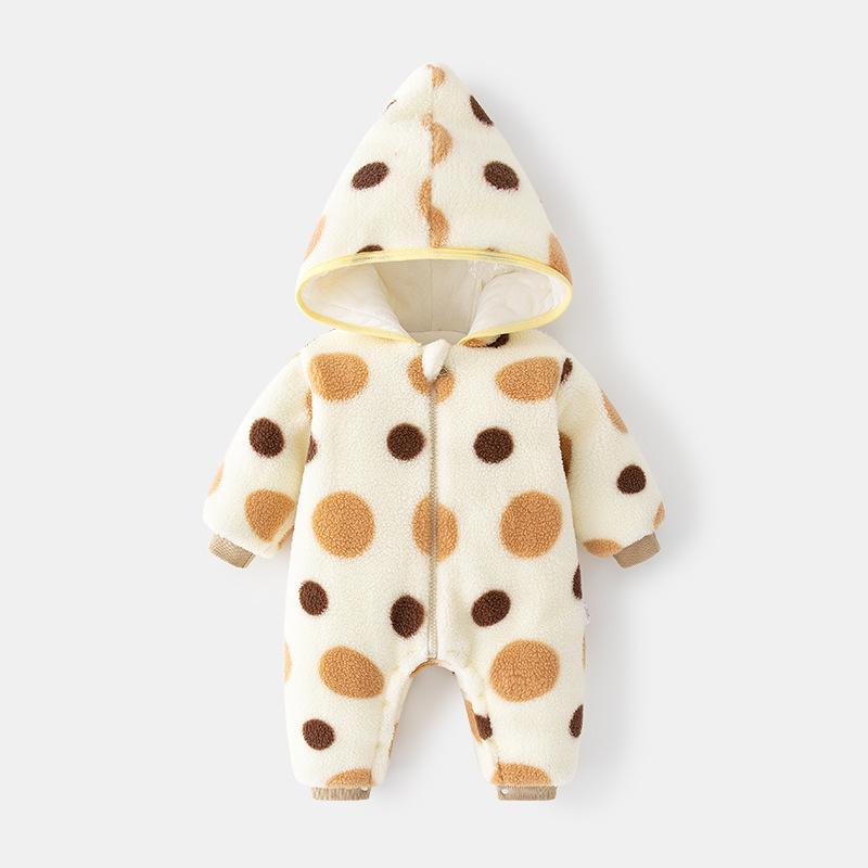 ロンパース ベビー 子供服 中綿入り 裏起毛 厚手 フード付き ジッパー 前開き 長袖 サンゴフリース 防寒 暖かい 秋冬 外出着 アウター 普段使い 男女兼用 乳幼児
