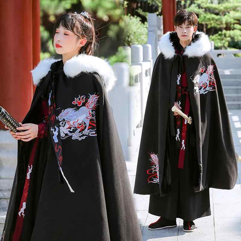 マント 男女兼用 漢服 レトロ クラシカル ロング丈 裏起毛 厚手 フード付き ファー襟 黒 ブラック ウール混 秋冬 ケープ ポンチョ 羽織り