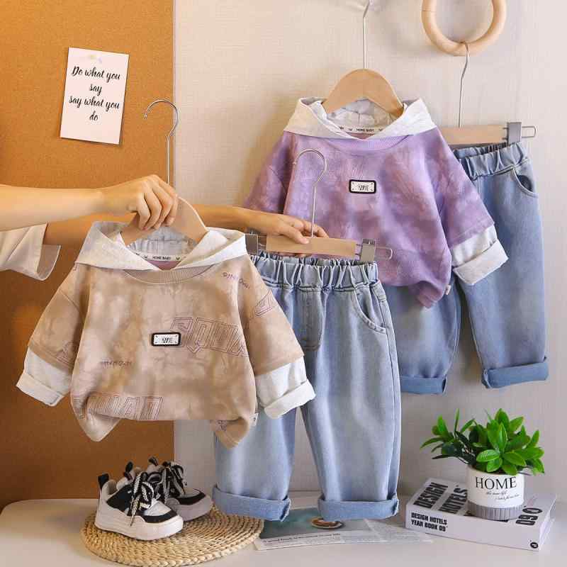 ベビー服 男の子 フード付きパーカ デニムロングパンツ セットアップ おしゃれ カジュアル かわいい ワッペン付き コットン素材 秋冬 通園 普段使い