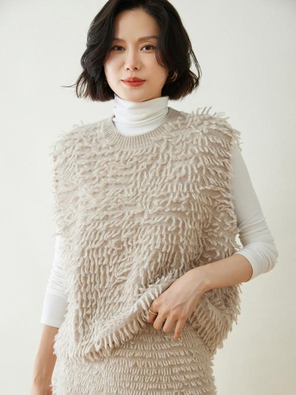 限りない レディース 秋冬 カシミール 編み物 ジレ フリンジ 労働者の一団のど頚 丸首 ゆったり 厚地の外套大きさ 着回し 普段使い走り 分かりやすい 心地よい 手ごたえ坦々たる オートミール 薄墨色 駱駝 ブドウ酒赤いこと