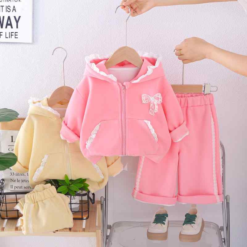 セットアップ 女の子 ガールズ 秋冬 長袖 フード付き ジップアップ パーカー フリル レース パンツ 綿 コットン ベビー 幼児 カジュアル 普段使い お出かけ かわいい リボン ピンク イエロー 前開き