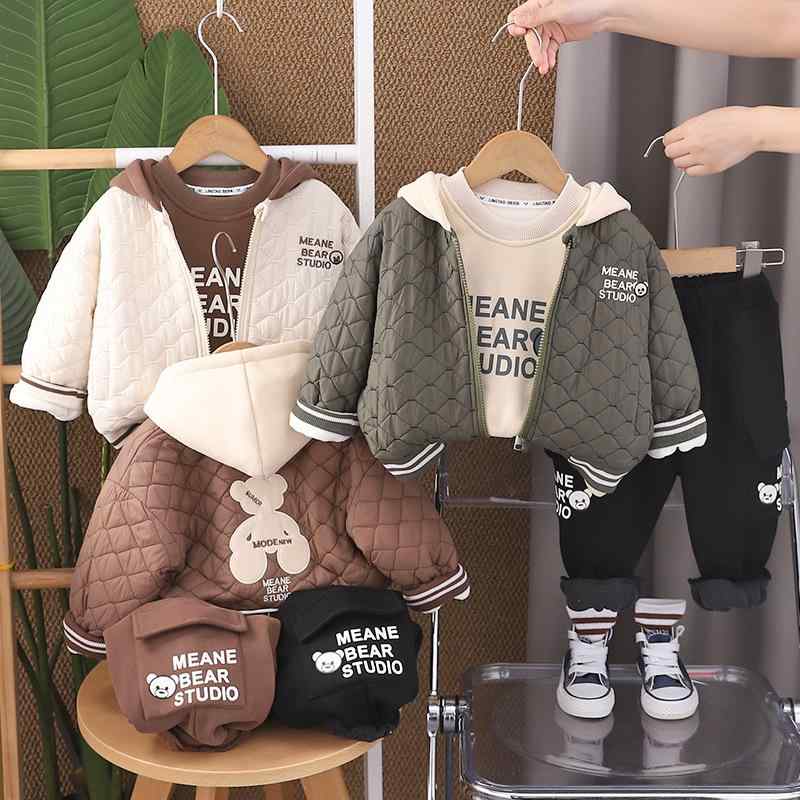 セットアップ 男の子 ベビー キッズ 秋冬 裏起毛 厚手 中綿 フード付き キルティング ロゴ 長袖 綿 3点セット カジュアル 普段着 部屋着