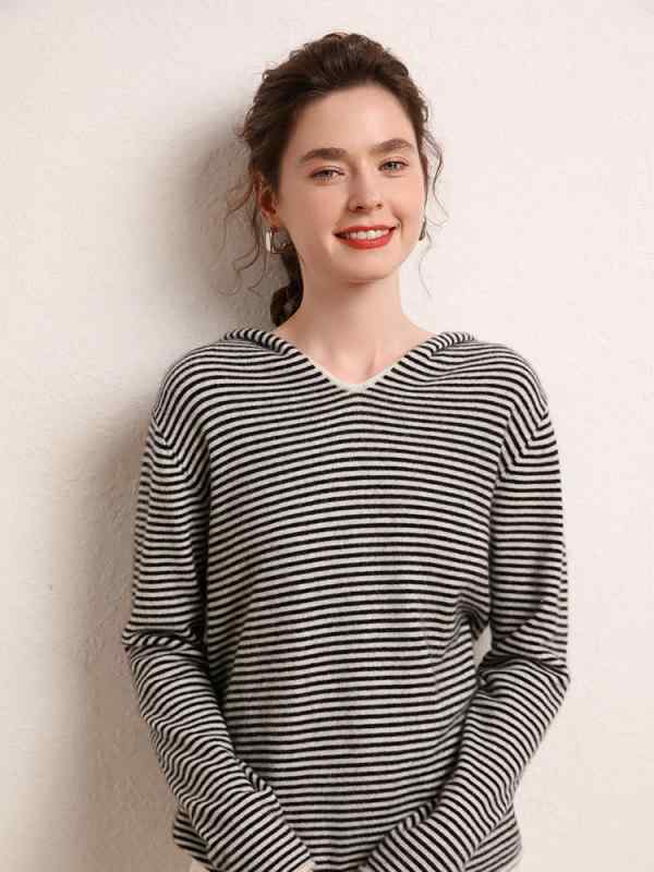 ニット レディース 秋冬 カシミヤ ストライプ 長袖 フード付き ゆったり プルオーバー 快適 肌に優しい 厚手 インナー 重ね着 きれいめ カジュアル トップス