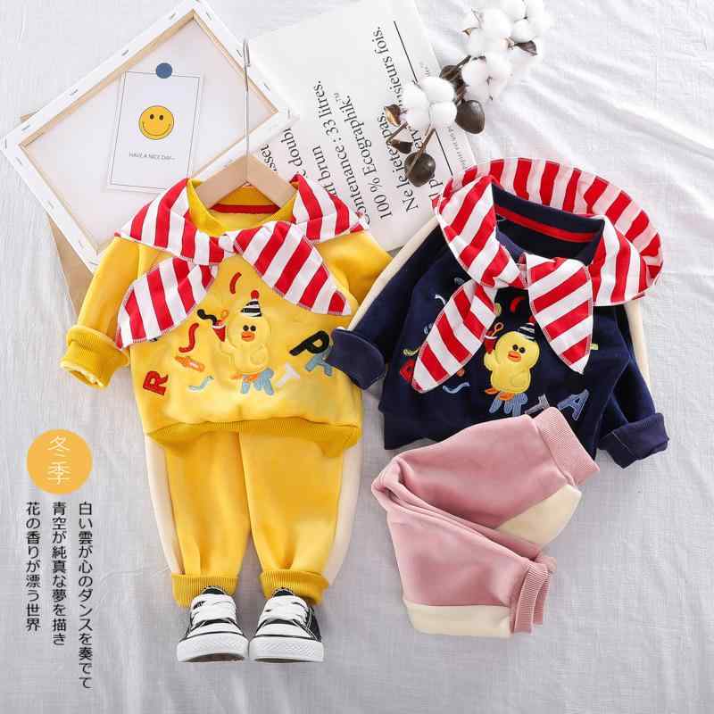 セットアップ キッズ 男の子 女の子 男女兼用 幼児 秋冬 裏起毛 フード付き キャラクター アヒル柄 綿 コットン 2点セット 厚手 ルームウェア 普段着 防寒 イエロー ネイビー ピンク