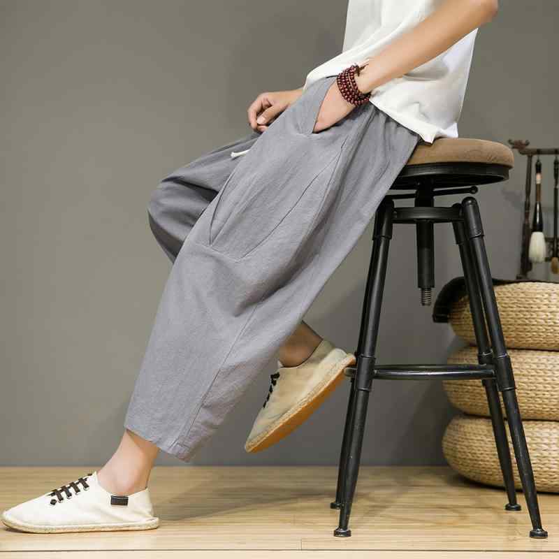 テーパードパンツ メンズ 男性用 綿麻 リネンコットン 七分丈 クロップド ワイド バルーンシルエット キャロット レトロ 和風 ミドルウエスト 夏 普段着 デイリー カジュアル