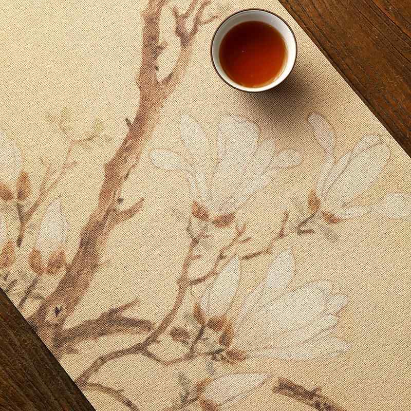 テーブルランナー 防水 両面 麻 リネン ポリエステル 布製 新中式 アジアンテイスト 玉蘭花 花柄 長方形 茶席 ティーマット 食卓 ダイニング ホワイト