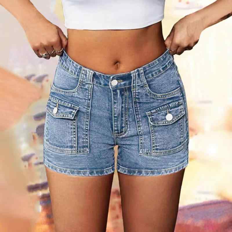 デニムパンツ レディース 春 欧米風 スリムフィット ストレート ショート ハーフ丈 着回し カジュアル デニム生地 綿 コットン ポリエステル ストレッチ ミドルウエスト ポケット付き ライトブルー ジーンズ 快適 リラックス 切り替え