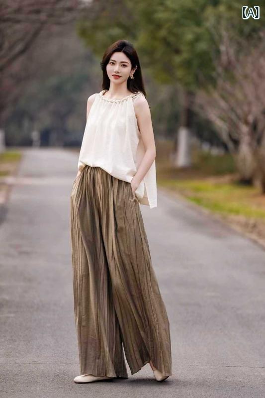 広広としたズボン下 レディース 春夏 綿織物リネン 九分丈 筋目 絞り染め 酉の方角天然ゴム 薄っぺら ゆったり たわい無い 心地よい 自然的 体型押しかぶせる 緑であること ベージュ 薄墨色