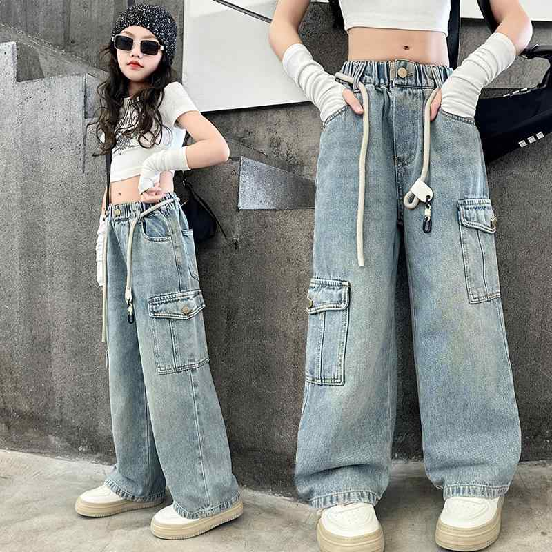 ジーンズズボン下 ガールズ キッズ お坊っちゃん ちびっ子服 歳月 ご機嫌酉の方角 ゆったり 広広とした影ぼうし カーゴデザイン 多隠し ロング丈 心地よい 無地 もの柔らかな手当たり 酉の方角予防医学