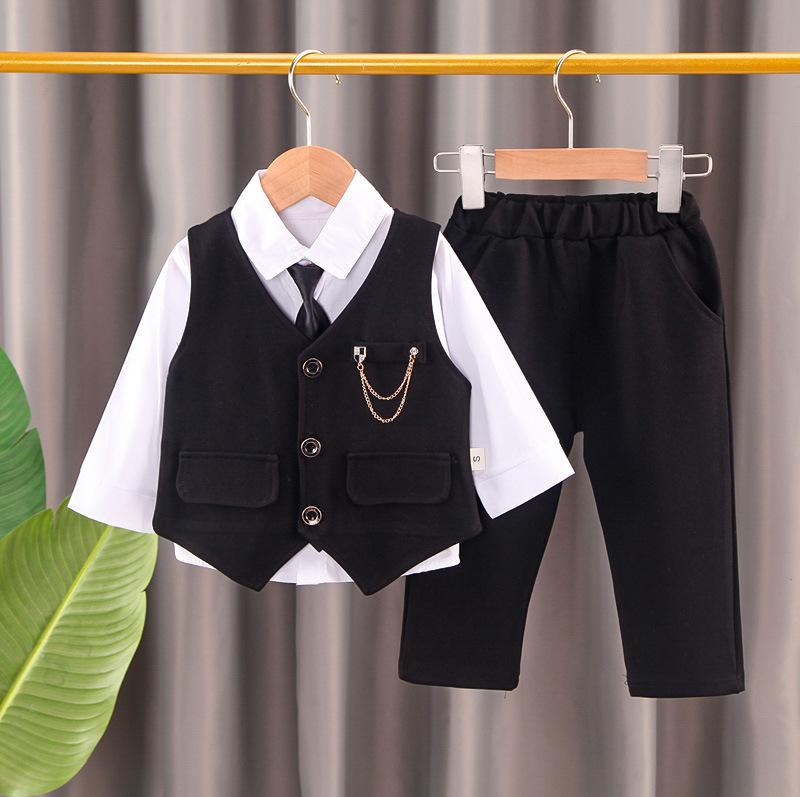 ベビー キッズ 男の子 秋冬 おしゃれ 韓国風 トレンド フォーマル ネクタイ付き スーツ ジャケット ベスト ジレ パンツ 3点セット セットアップ コットン 長袖 シングルボタン 1歳 幼児 グレー ブラック