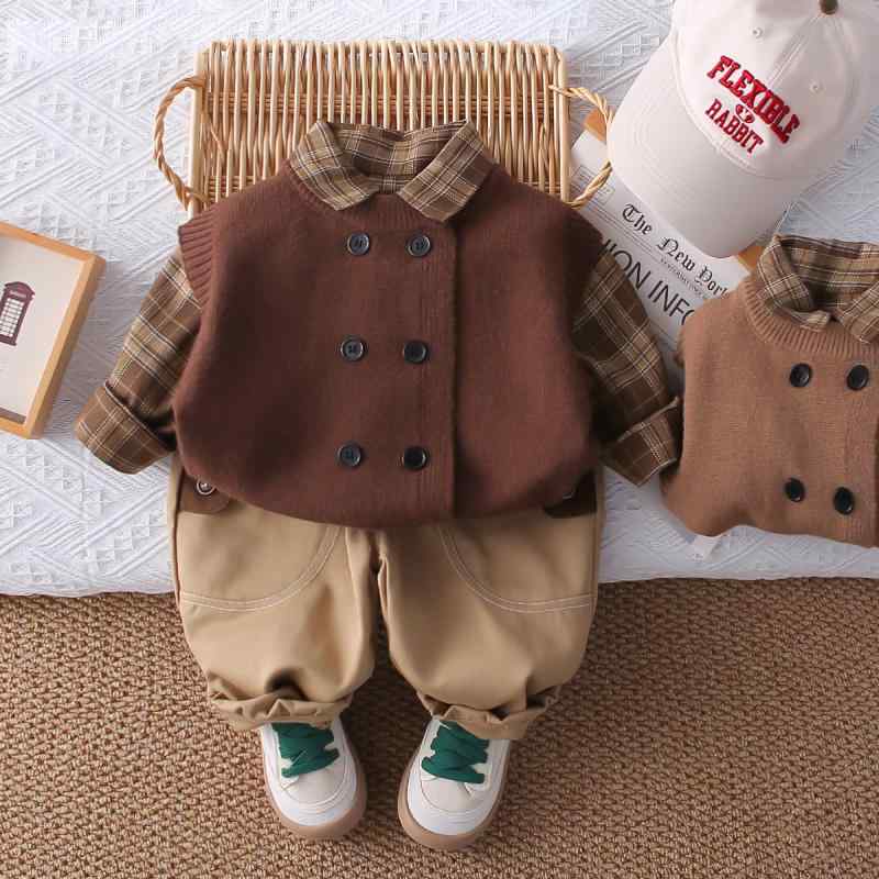 ベビー服 男の子 幼児 カジュアル トレンド おしゃれ 長袖 ダブルボタン ニット セーター 長ズボン パンツ 3点セット セットアップ 綿 コットン 春秋 チェック柄 無地 かわいい